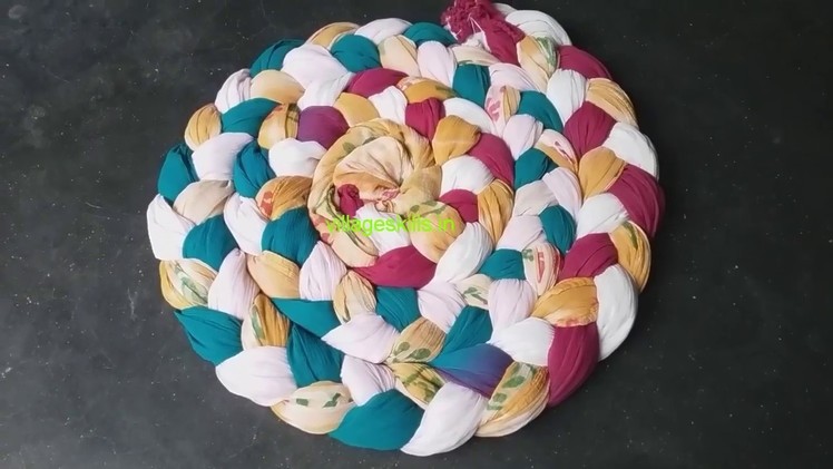 DIY braided rag rug # 27 ,how to make doormat. Tapete.old Dupattas reuse ideas ,carpet, table mat