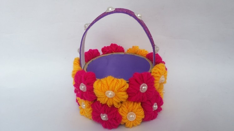 DIY : Reuse Idea!!! How to Make Beautiful Basket With Woolen Flower & Empty costep Circle!!!
