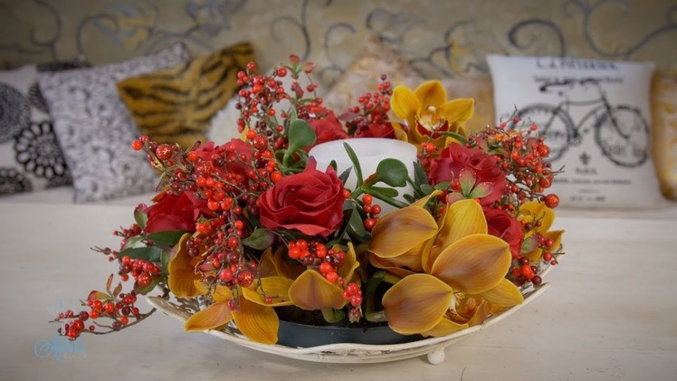 How to make a Thanksgiving Table Wreath with Orchids, Berries, Roses and Succulents