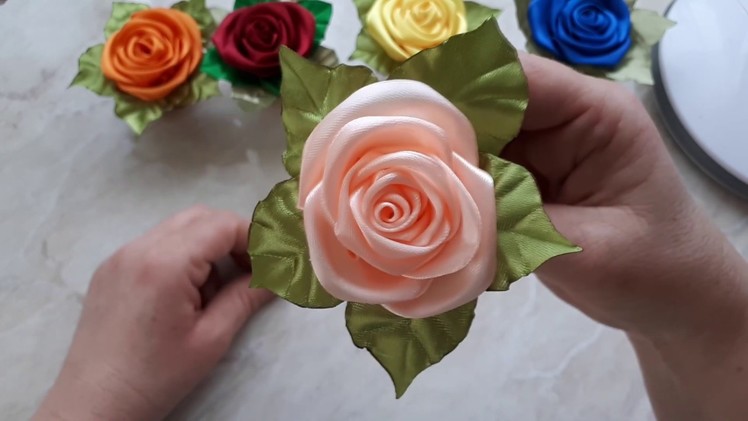 Kanzashi rose in pot. satin ribbon rose. home decoration. tutorial