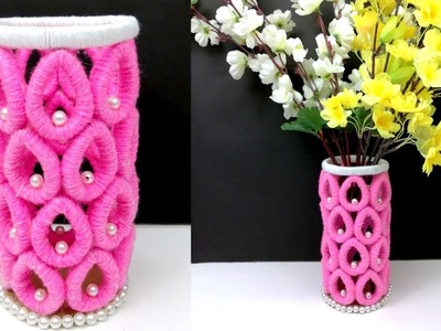 Beautiful flower vase using waste material | best out of waste - newspaper craft - woolen craft