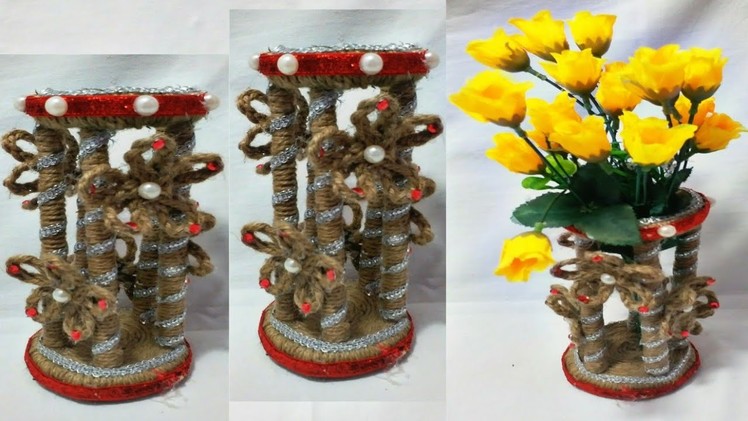 DIY POTS AT HOME. FLOWER POTS MAKING CRAFT.ROPE AND  NEWS PAPER USING VASE, POTS.