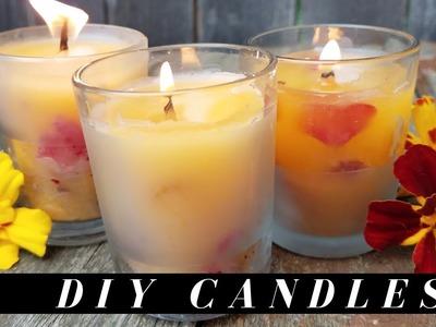 DIY Candles Dyed with Paprika and Real Flower Petals in Etched Glasses