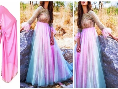 Diy:Convert Old Saree into 2 layer Ruffle Sleeve Gown.Party wear  net gown,
Hindi
