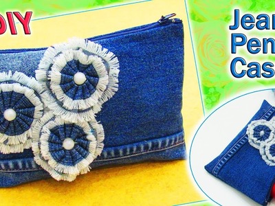 DIY Denim Pencil Case Out Of Old Jeans In 5 Minutes - Easy No Sew Makeup Bag - Old Jeans Crafts