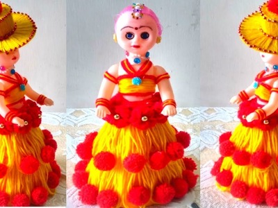 DIY DOLL DECORATION USING WOOL.BEAUTIFUL WOOLEN DOLL DRESS MAKING.HOW TO DECORATE DOLL USING WOOLS