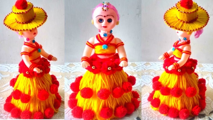 DIY DOLL DECORATION USING WOOL.BEAUTIFUL WOOLEN DOLL DRESS MAKING.HOW TO DECORATE DOLL USING WOOLS