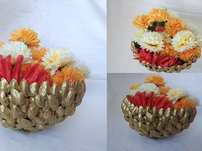 Diy Pista Shell Crafts. Pista Shell Basket. Recycle Pista Shell Basket. Flower Basket