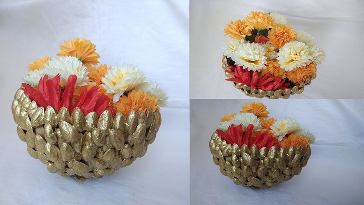Diy Pista Shell Crafts. Pista Shell Basket. Recycle Pista Shell Basket. Flower Basket