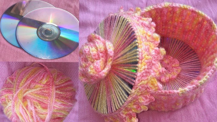How to reuse old cds make crochet basket. best recycle waste material craft. old cd dvd craft ideas