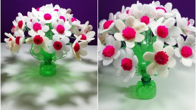 How to make pom pom flowers || Empty plastic bottle vase making crafte-Water bottle Recycle flower