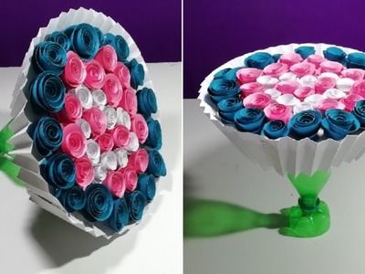 Make Amazing Rose flowers || How to make Beautiful paper Rose from plastic bottle_Rose Guldasta vase