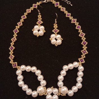 Handmade Golden Voilet White Pearl Necklace Earrings Set Jewellery