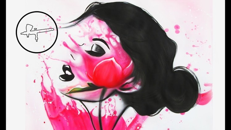 Airbrush Painting Woman Pink Flower | Paper | Original Art by Aleksandra Amidzic
