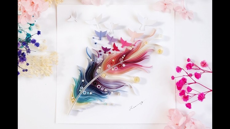 Feather Paper Quilling Color Art. quiling. 羽ペーパークイリングアート。깃털 페이퍼퀼링 아트