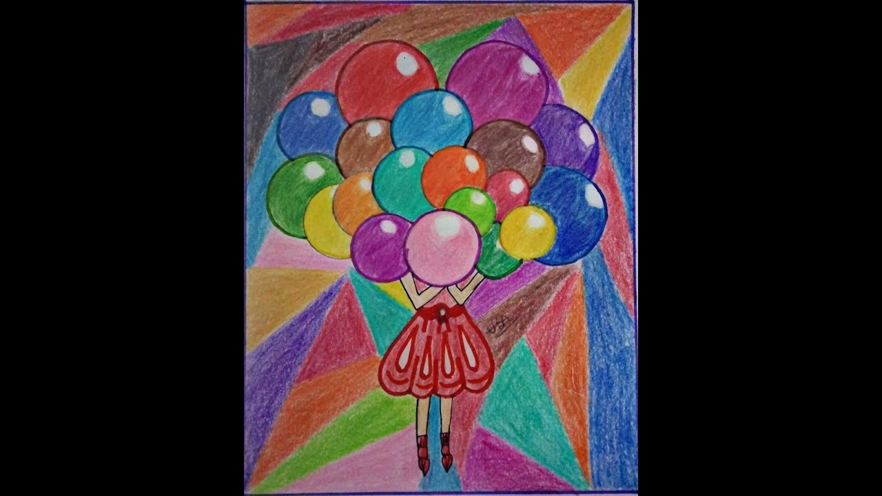 Kids art | how to draw  | simple and easy steps art | Art tricks for kids | balloons and girl