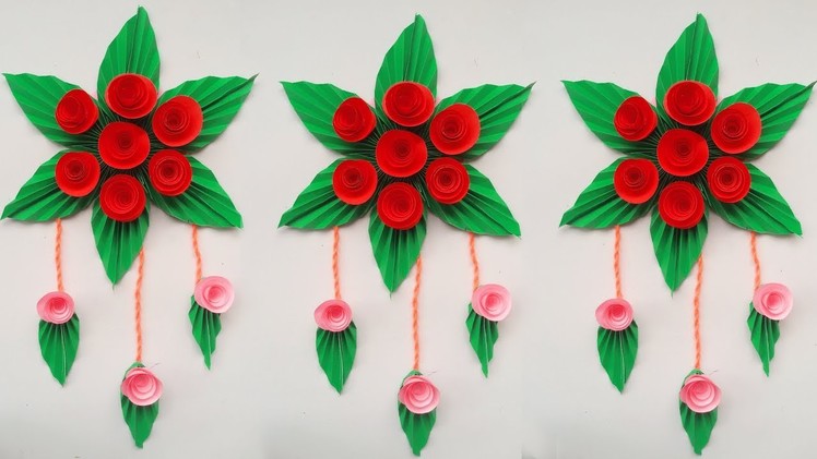 Wall hanging flower with paper rose and leaves # Diy wallflower hanging decoration easy tricks
