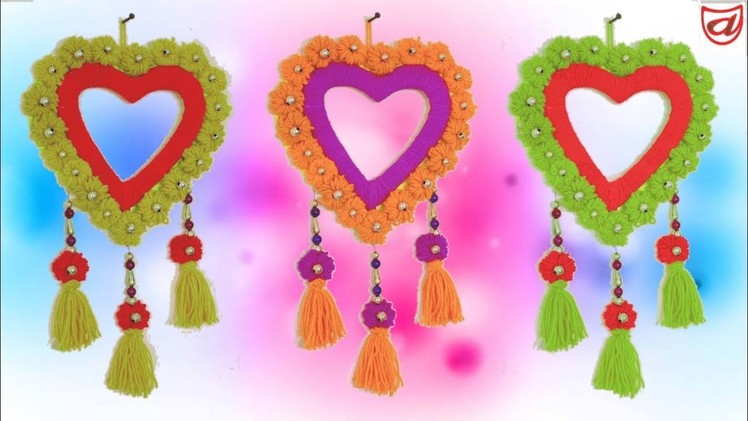 DIY heart Wall Hanging using wool - Tassel and flowers | Room decor craft with waste wool