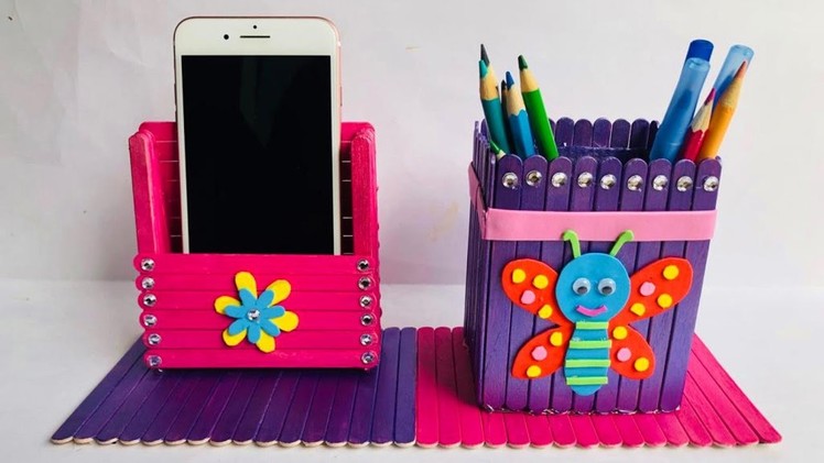 DIY Pen and Mobile Holder with Icecream Sticks | Home Crafts Ideas | #39 |