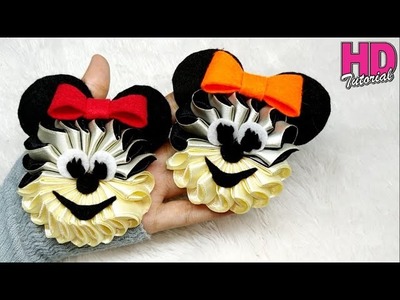 DIY - Minnie mouse kanzashi flower hair clip || satin ribbon || mickey mouse