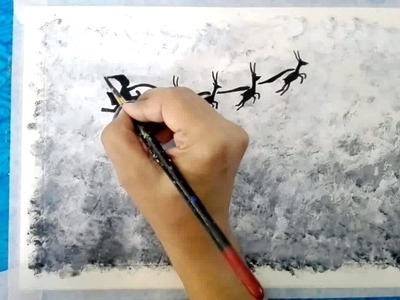 How to draw Christmas scenery.CHRISTMAS DRAWING OF SANTA FLYING WITH DEERS