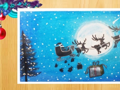 How to draw Santa Claus with deer sleigh | Christmas Father giving gifts beautiful scenery drawing