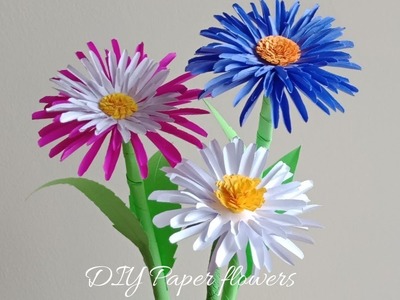 How to make easy aster flowers with leaf and stem using normal paper