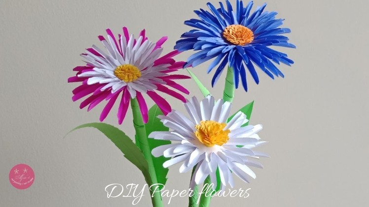 How to make easy aster flowers with leaf and stem using normal paper