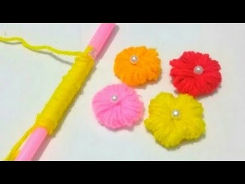 #No_Knitting Woolen Flower Making Using a Pen. Yarn Flower. No knitting Yarn Flower.Hand Embroidery
