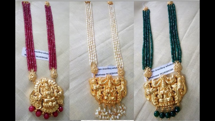 Latest Dress Matching Gold color beads long chain With Antique Pendant Designs