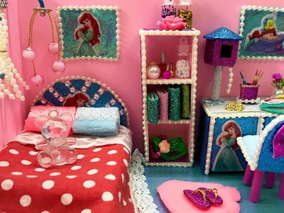 DIY Miniature Ariel Bedroom ~ Decor, Sandal, Bookshelves in Disney Ariel Doll Room
