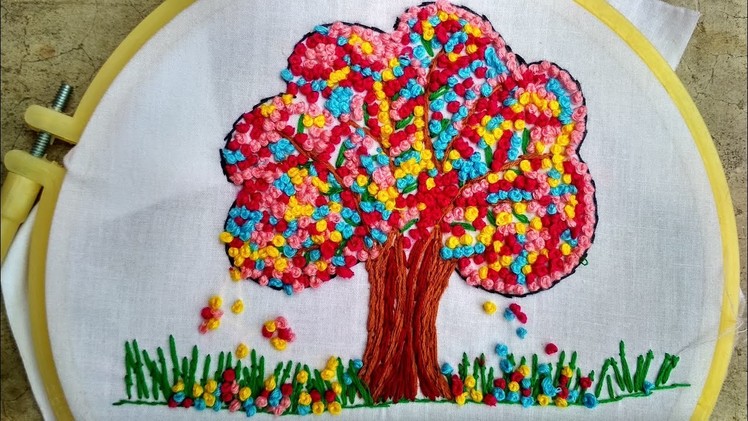 Hand embroidery. Beautiful tree with French knot stitch #03