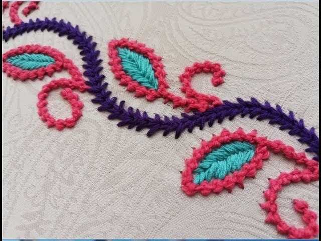 Hand embroidery;;Border line design with two diferent stitches.