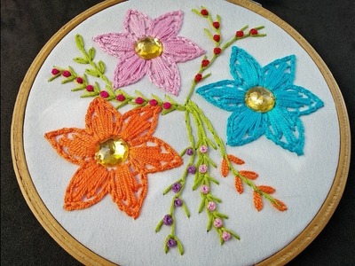 Hand Embroidery | Fantasy Flower Stitch | Lazy Daisy Stitch Flower | Flower Embroidery For Beginners