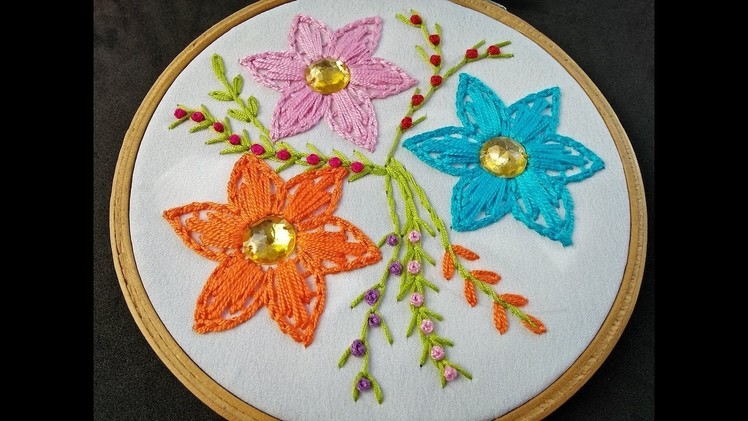 Hand Embroidery | Fantasy Flower Stitch | Lazy Daisy Stitch Flower | Flower Embroidery For Beginners