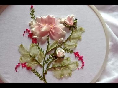 Hand embroidery. Ribbon embroidery work. Rose flower ribbon embroidery.