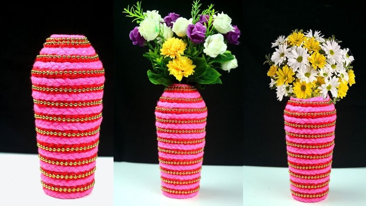 Handmade Stylish Flower Vase.Flower Pot with Plastic Bottle and Wool | Room Decor DIY