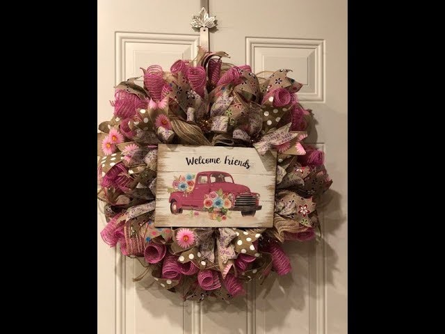 How to make a 30 in ruffle with curls pink truck deco mesh.jute wreath