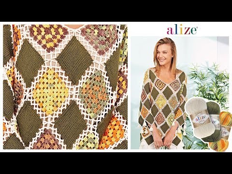 Motifli Bluz -  Crochet Motif Blouse with Alize Diva