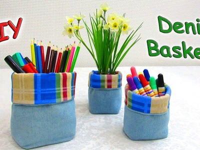 DIY Easy Denim Basket  - How To Sew Handmade Fabric Boxes - Old Jeans Crafts Tutorial