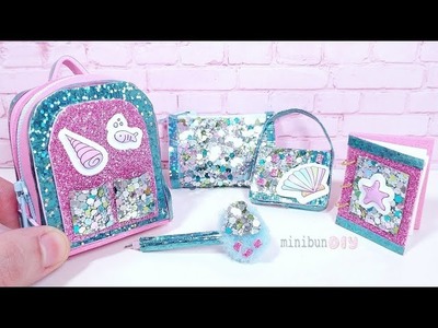 DIY Miniature Glitter Mermaid School Supplies - Backpack, Handbag, Notebook, working pen and more!
