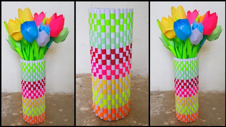 Diy paper flower vase | How to make vase from paper | Diy rainbow paper flower vase