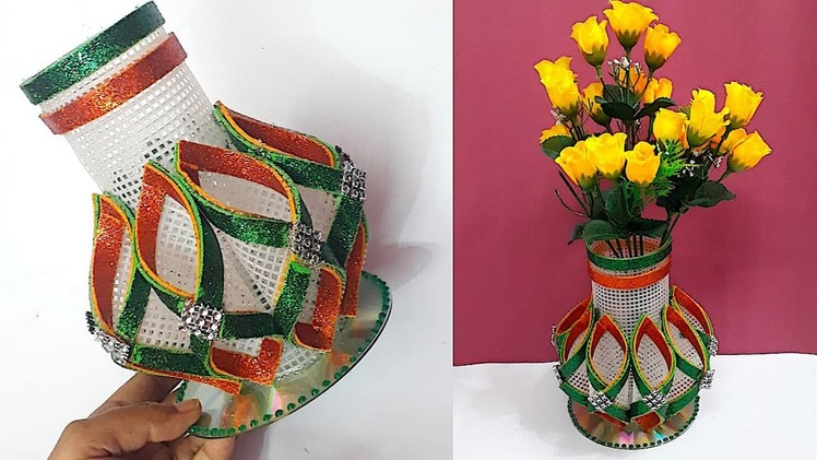 How to make flower vase.flower pot with Plastic Canvas | DIY flower pot.vase making