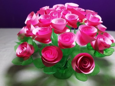 Easy beautiful Rose flower || Empty plastic bottle vase making Crafte.How to make Wonderful Rose
