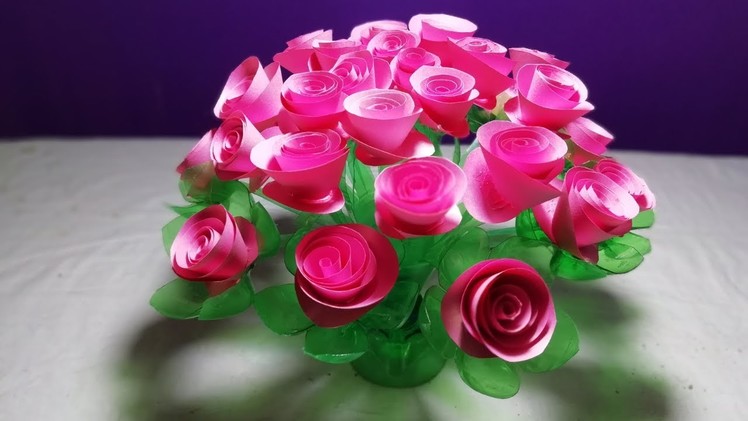 Easy beautiful Rose flower || Empty plastic bottle vase making Crafte.How to make Wonderful Rose