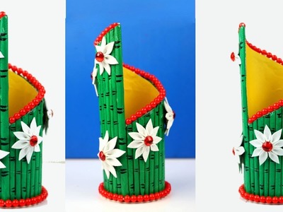 Newspaper Flower Vase with Bamboo Shape | Paper Flower Vase Crafts | Best out of Waste