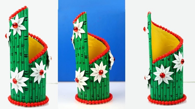 Newspaper Flower Vase with Bamboo Shape | Paper Flower Vase Crafts | Best out of Waste