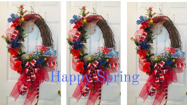 Spring Wreath Tutorial ???? Grapevine Deco Mesh with Blue Truck