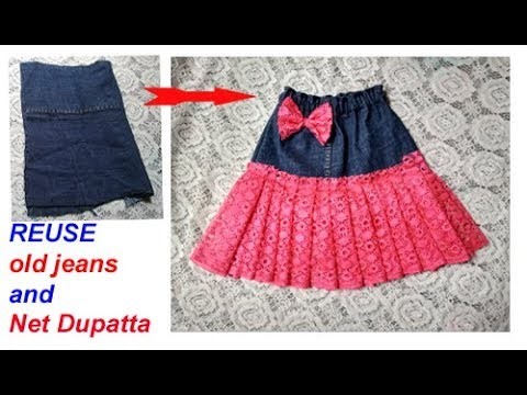 REUSE old dupatta and Jeans to make designer skirt. best idea of old jeans.net dupatta reuse idea