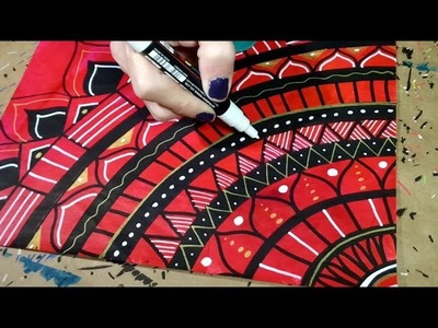Drawing a Mandala Doodle on Red Painted Paper with Paint Markers